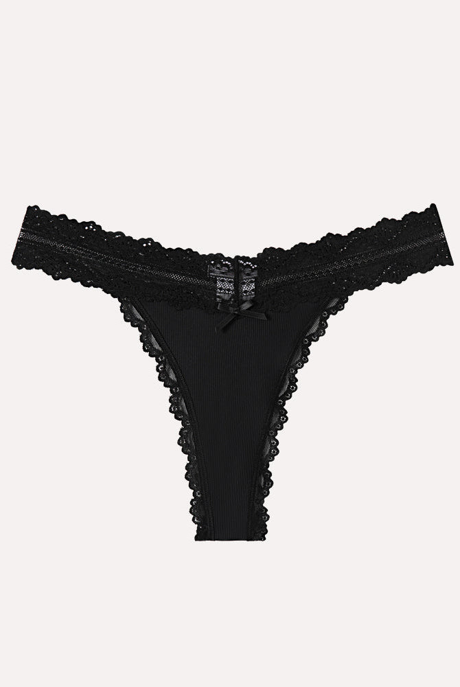 Avidlove black lace thong panties with ribbed fabric and bow detail. Comfortable and sexy lingerie.