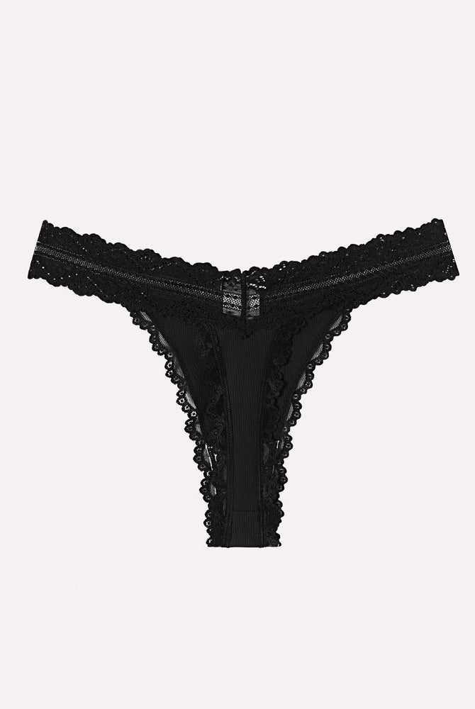 Avidlove black lace waist thong panties. Ribbed fabric and bow detail. Sexy lingerie for women.