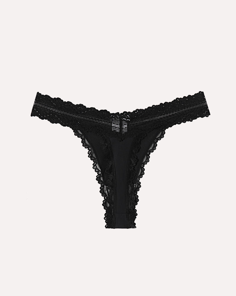 Avidlove black lace waist thong panties. Ribbed fabric and bow detail. Sexy lingerie for women.