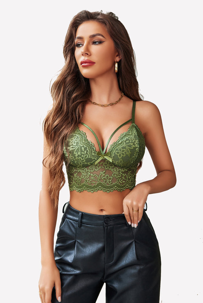 Green lace bralette crop top for women, featuring adjustable straps and delicate floral lace design.