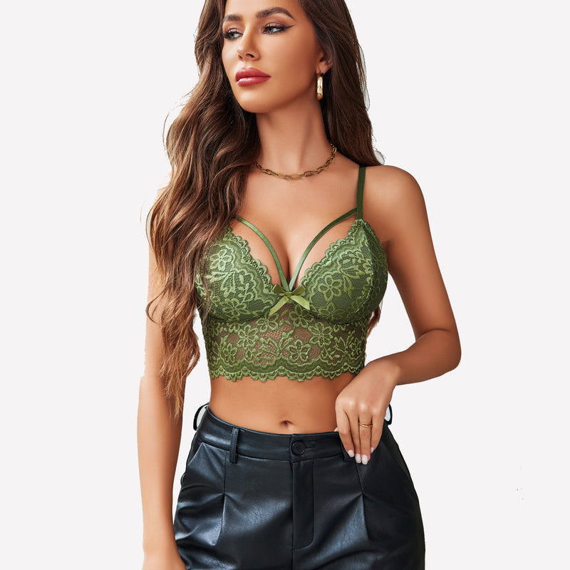 Green lace bralette crop top for women, featuring adjustable straps and delicate floral lace design.