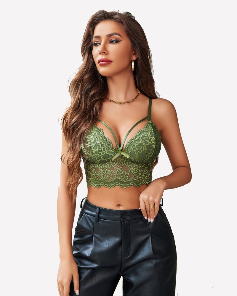 Green lace bralette crop top for women, featuring adjustable straps and delicate floral lace design.