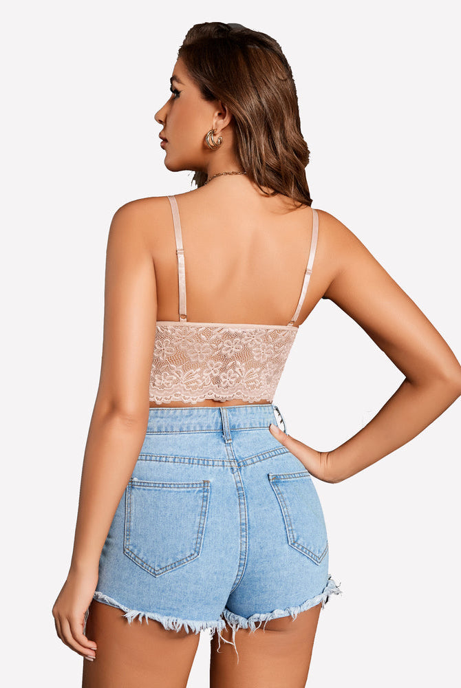 Nude lace bralette crop top with denim shorts. Sexy floral lace lingerie with adjustable straps.