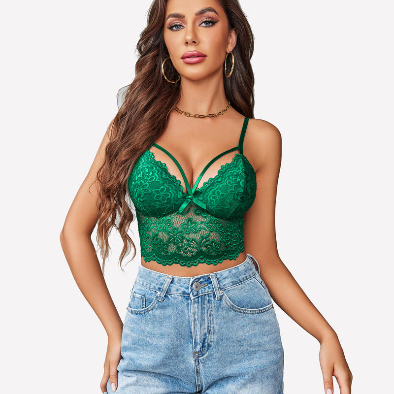 Green lace bralette crop top, denim shorts. Sexy lingerie with adjustable straps for women.