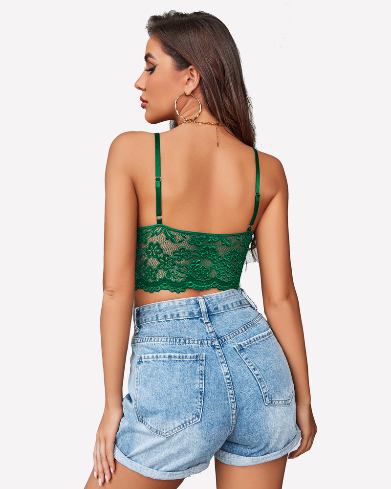 Green lace bralette crop top with adjustable straps and denim shorts. Sexy lingerie for women.