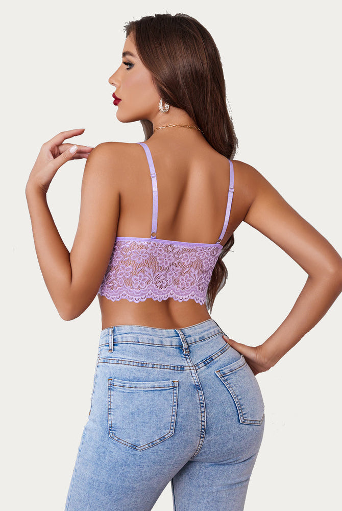 Lavender lace bralette crop top with adjustable straps, paired with jeans. Sexy lingerie for women