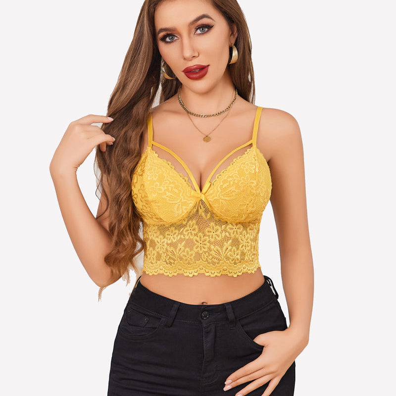 Yellow lace bralette crop top with adjustable straps & black jeans. Sexy lingerie for women.