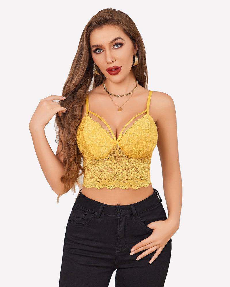 Yellow lace bralette crop top with adjustable straps & black jeans. Sexy lingerie for women.