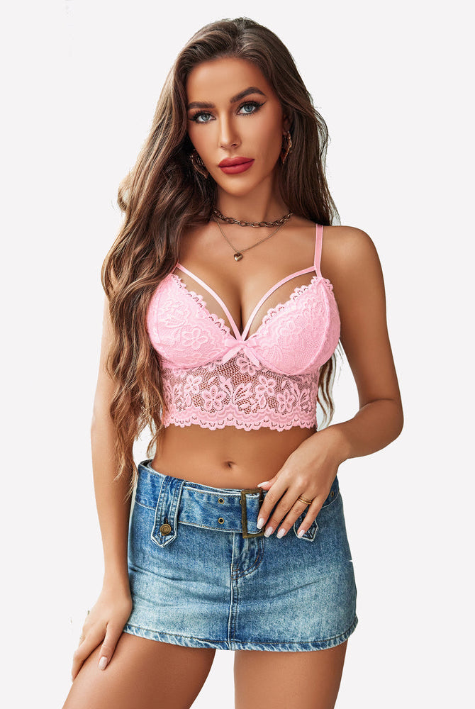 Pink lace bralette crop top with adjustable straps, paired with denim skirt. Sexy lingerie.