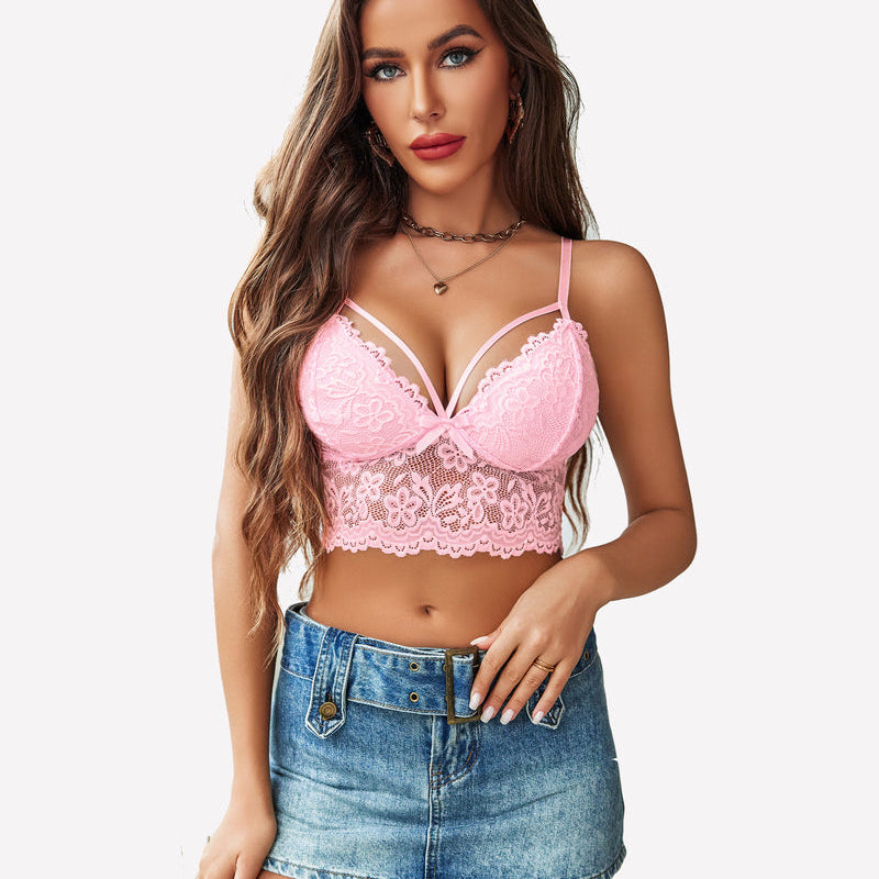 Pink lace bralette crop top with adjustable straps, paired with denim skirt. Sexy lingerie.