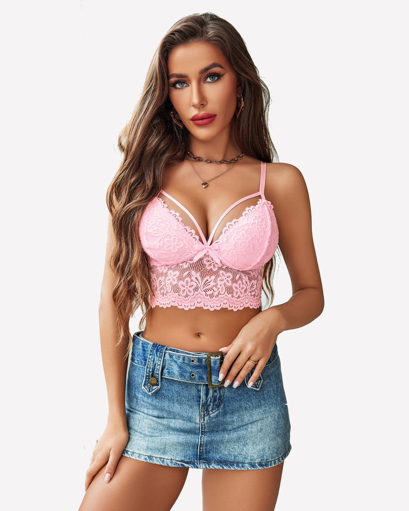 Pink lace bralette crop top with adjustable straps, paired with denim skirt. Sexy lingerie.