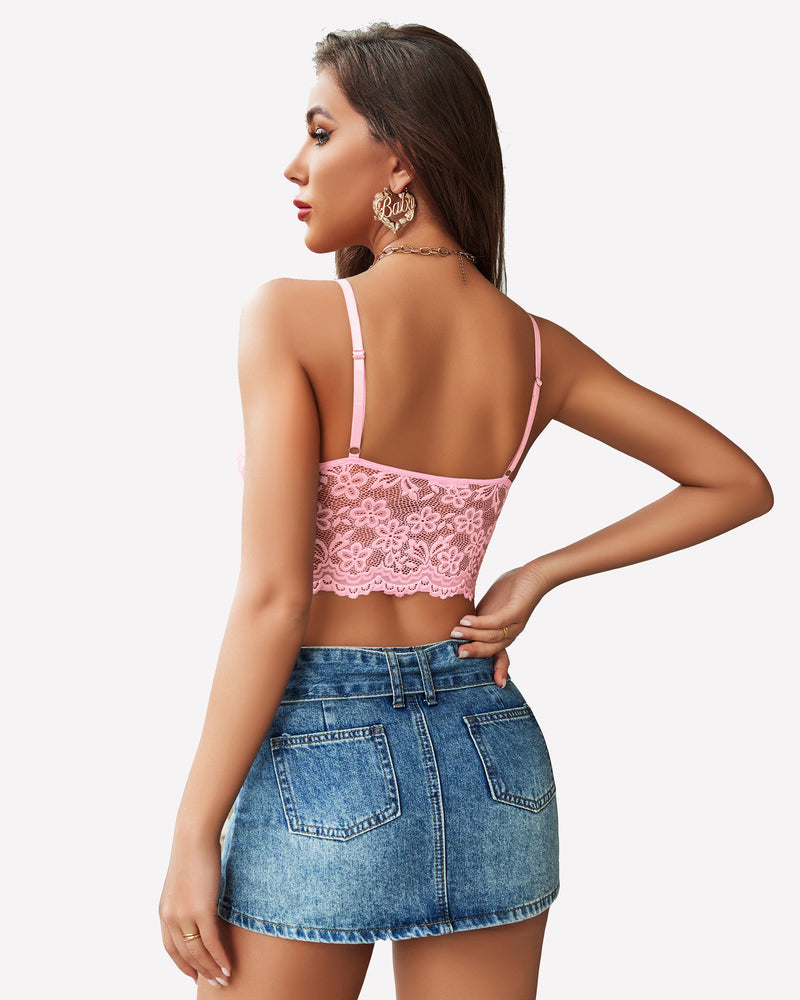 Pink lace bralette crop top with adjustable straps and denim mini skirt. Sexy lingerie for women.