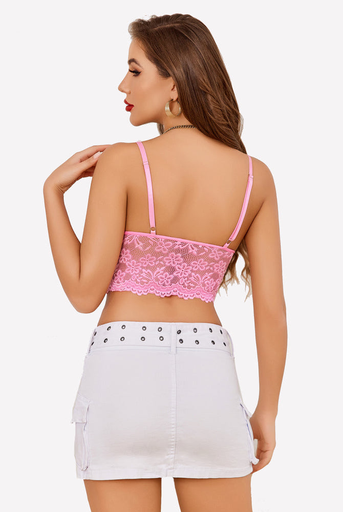 Pink lace bralette with adjustable straps and white denim skirt. Y2k lace bralette, sexy lingerie.