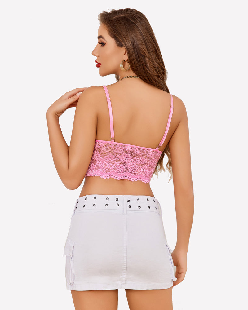 Pink lace bralette with adjustable straps and white denim skirt. Y2k lace bralette, sexy lingerie.