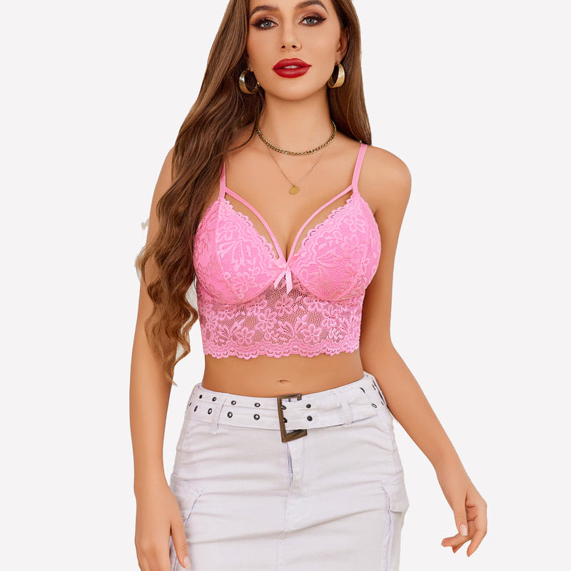 Pink lace bralette crop top with adjustable straps and white mini skirt. Sexy lingerie for women.