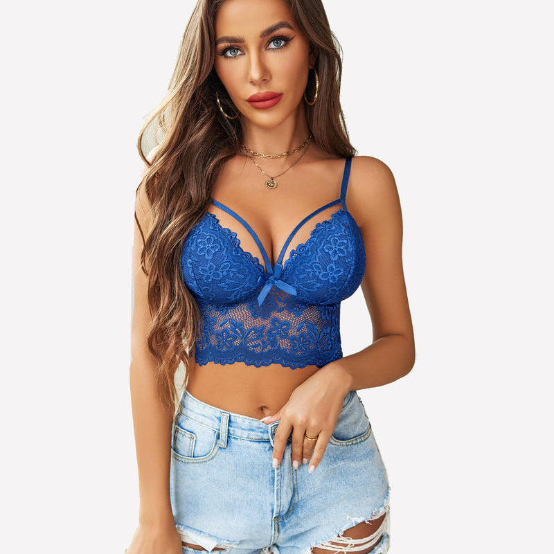 Blue lace bralette and denim shorts. Sexy floral lingerie for women, adjustable straps.