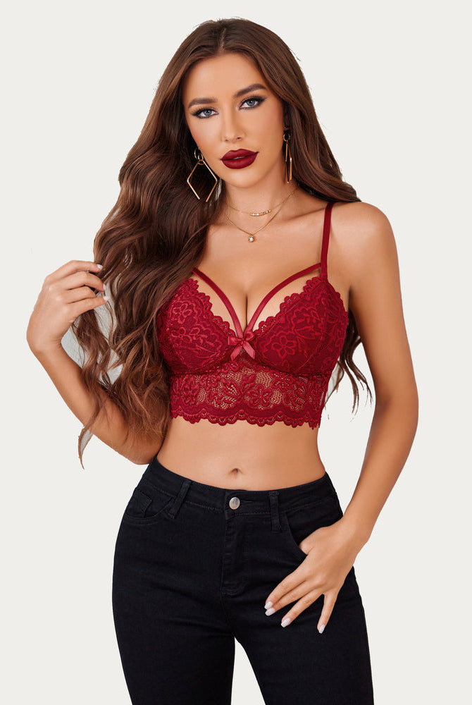 Burgundy lace bralette with adjustable straps. Sexy floral lace lingerie for women.