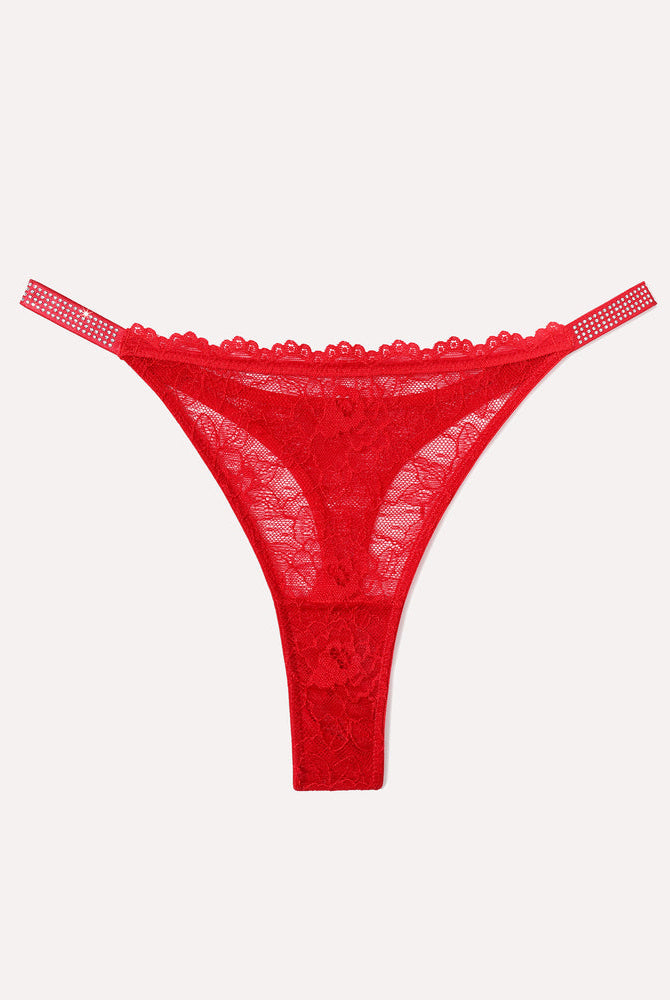 Red lace thong lingerie with rhinestone straps. Sexy, transparent thong for women.
