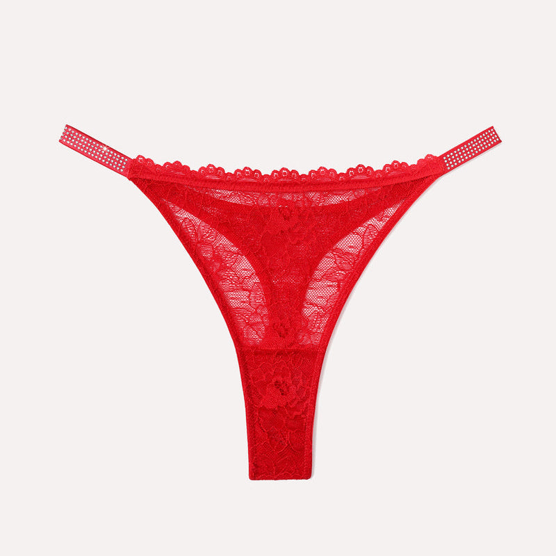 Red lace thong lingerie with rhinestone straps. Sexy, transparent thong for women.