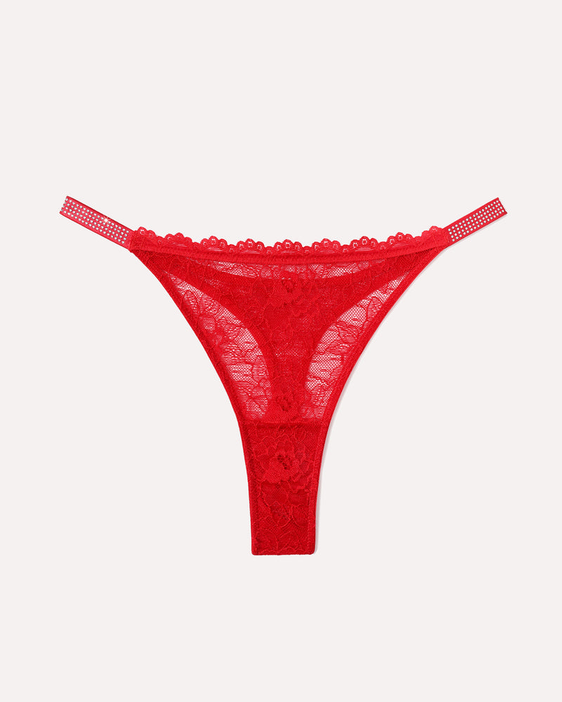 Red lace thong lingerie with rhinestone straps. Sexy, transparent thong for women.
