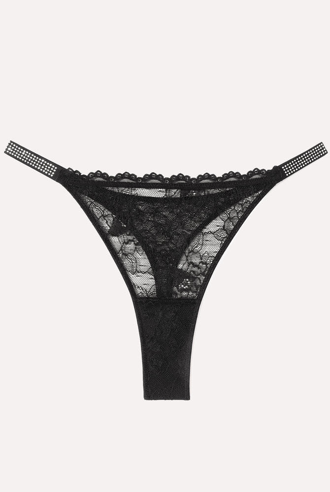 Black lace thong lingerie with rhinestone straps. Sexy, transparent thong for women.