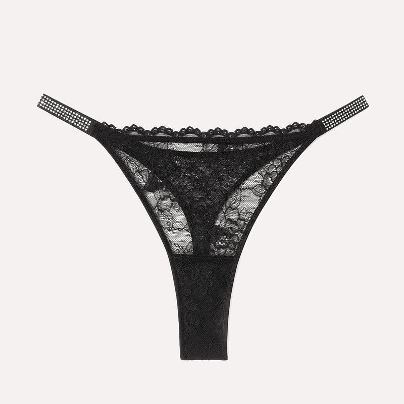Black lace thong lingerie with rhinestone straps. Sexy, transparent thong for women.