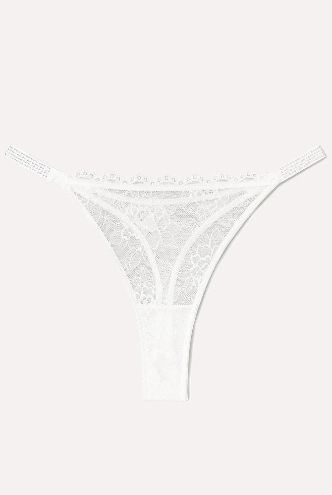 White lace thong lingerie with rhinestone straps. Sexy transparent lace for women