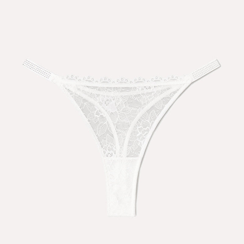 White lace thong lingerie with rhinestone straps. Sexy transparent lace for women