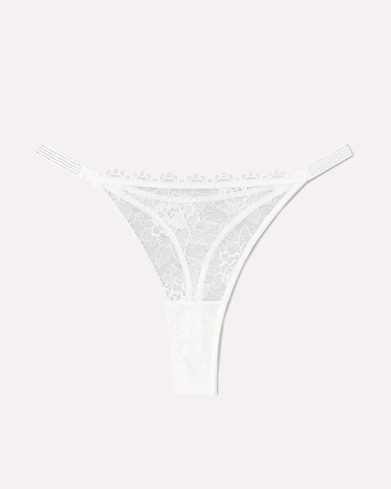 White lace thong lingerie with rhinestone straps. Sexy transparent lace for women