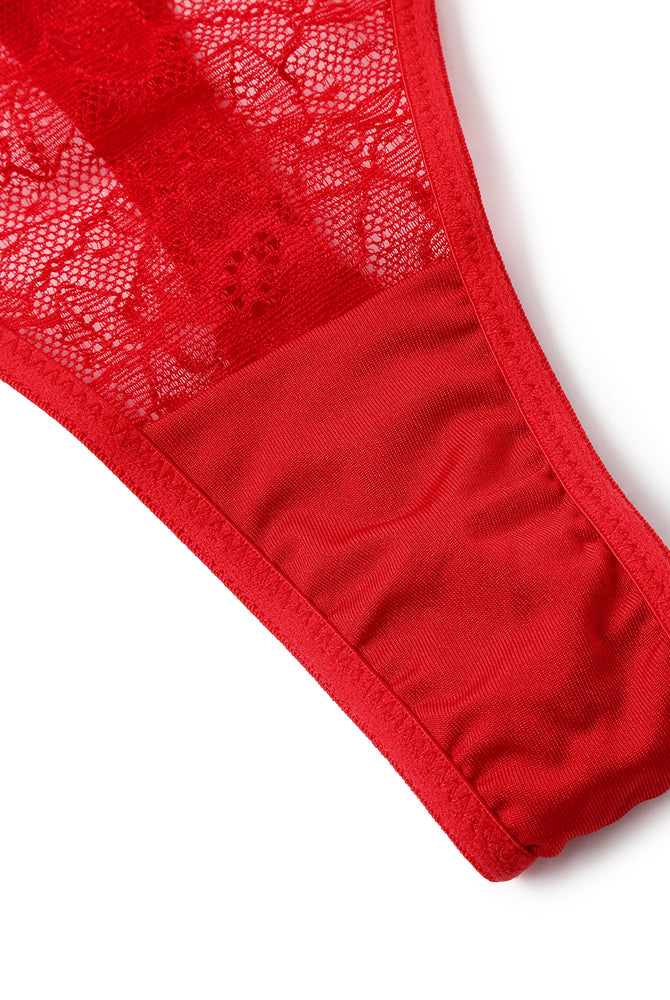 Red lace thong lingerie with detailed floral patterns, sexy and transparent, perfect for women.