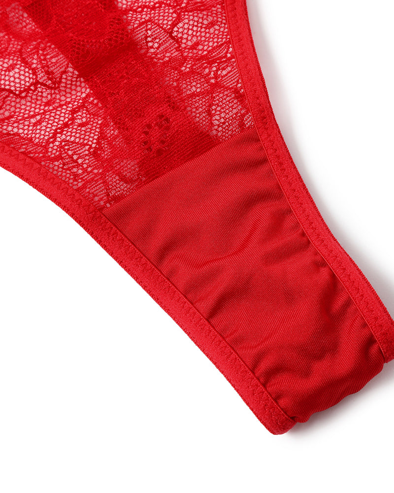 Red lace thong lingerie with detailed floral patterns, sexy and transparent, perfect for women.