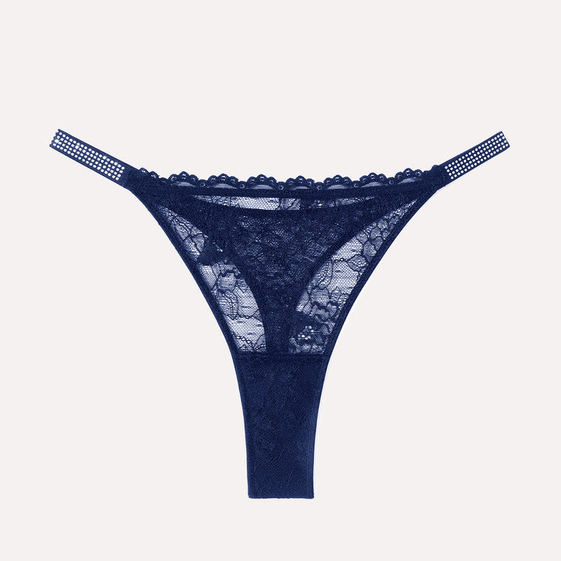 Navy blue lace thong lingerie with rhinestone straps. Sexy and transparent lace thong for women.