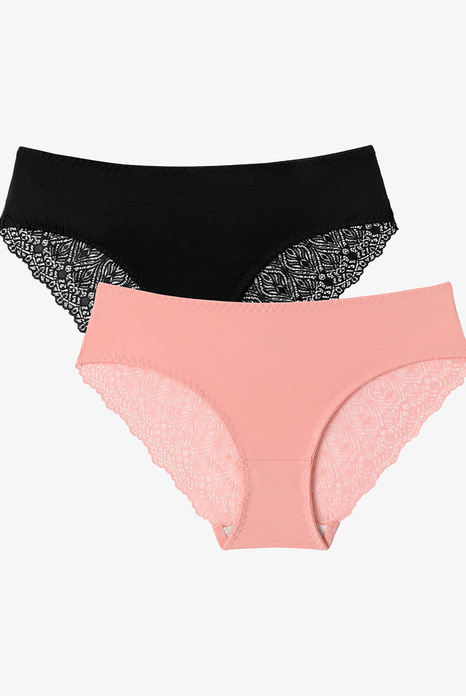 Black and Pink Lace Hipster Panties, No Show V-Waist Design. Comfortable and sexy lingerie.
