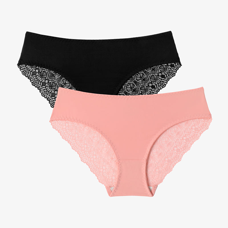 Black and Pink Lace Hipster Panties, No Show V-Waist Design. Comfortable and sexy lingerie.