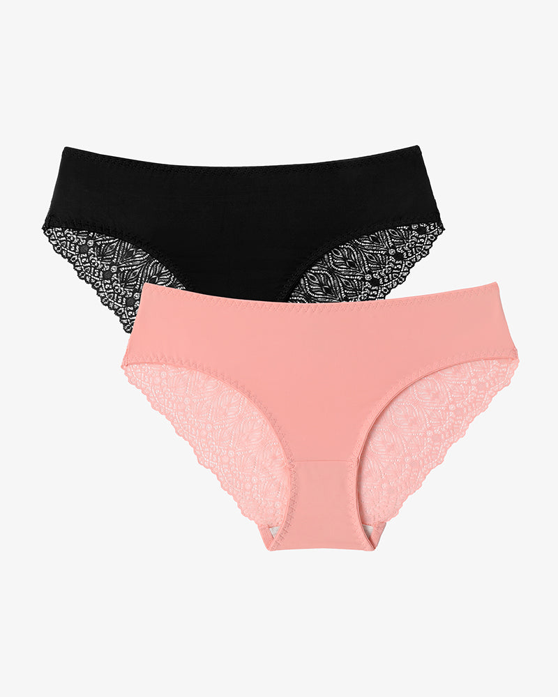 Black and Pink Lace Hipster Panties, No Show V-Waist Design. Comfortable and sexy lingerie.