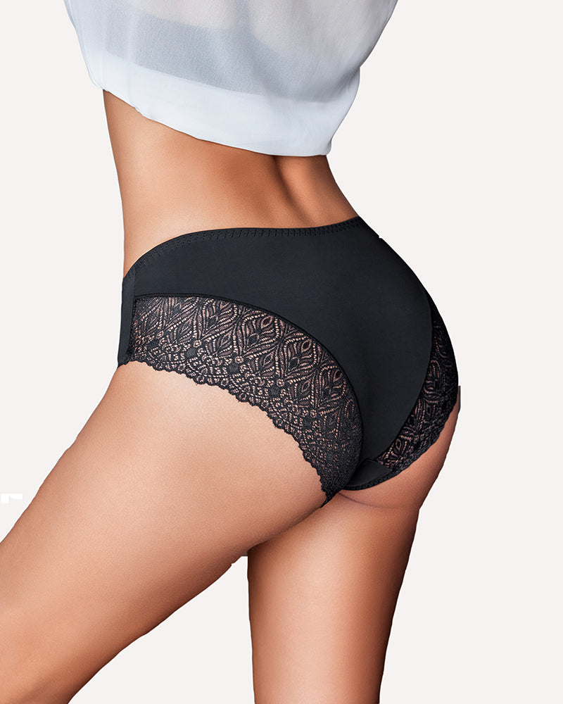Black lace hipster panties with V-waist and lace details. No show, comfortable and sexy.