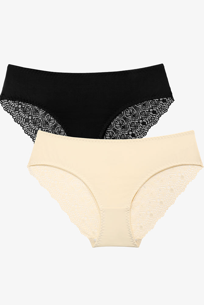 Black and Beige Lace Hipster Panties, No Show V-Waist Design. Comfortable and sexy lingerie.
