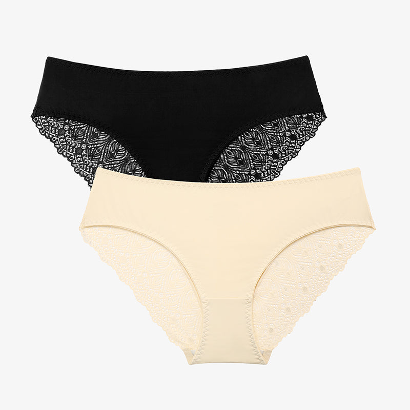 Black and Beige Lace Hipster Panties, No Show V-Waist Design. Comfortable and sexy lingerie.