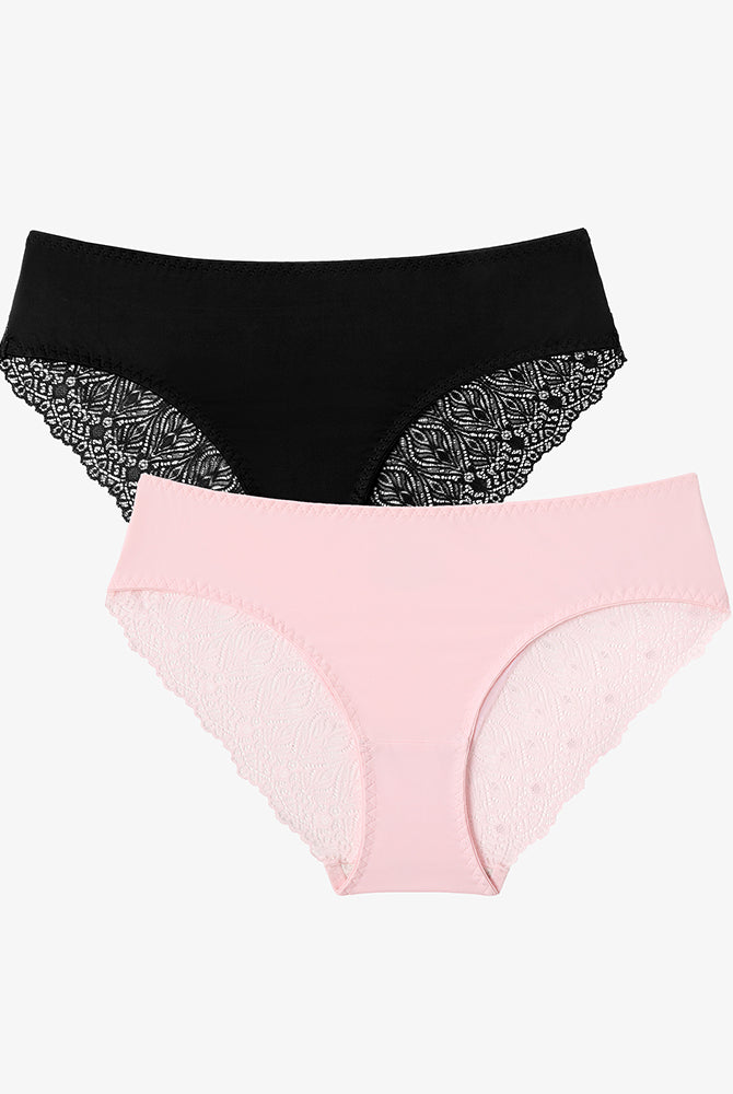 Black and Pink Lace Hipster Panties, No Show V-Waist Design. Sexy, comfortable lingerie.