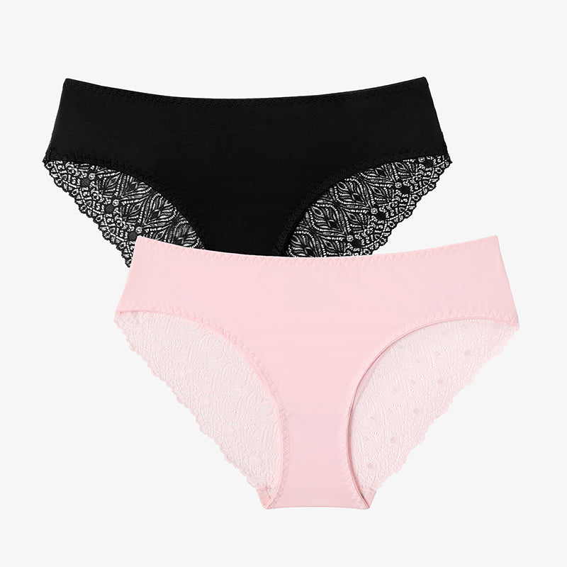Black and Pink Lace Hipster Panties, No Show V-Waist Design. Sexy, comfortable lingerie.