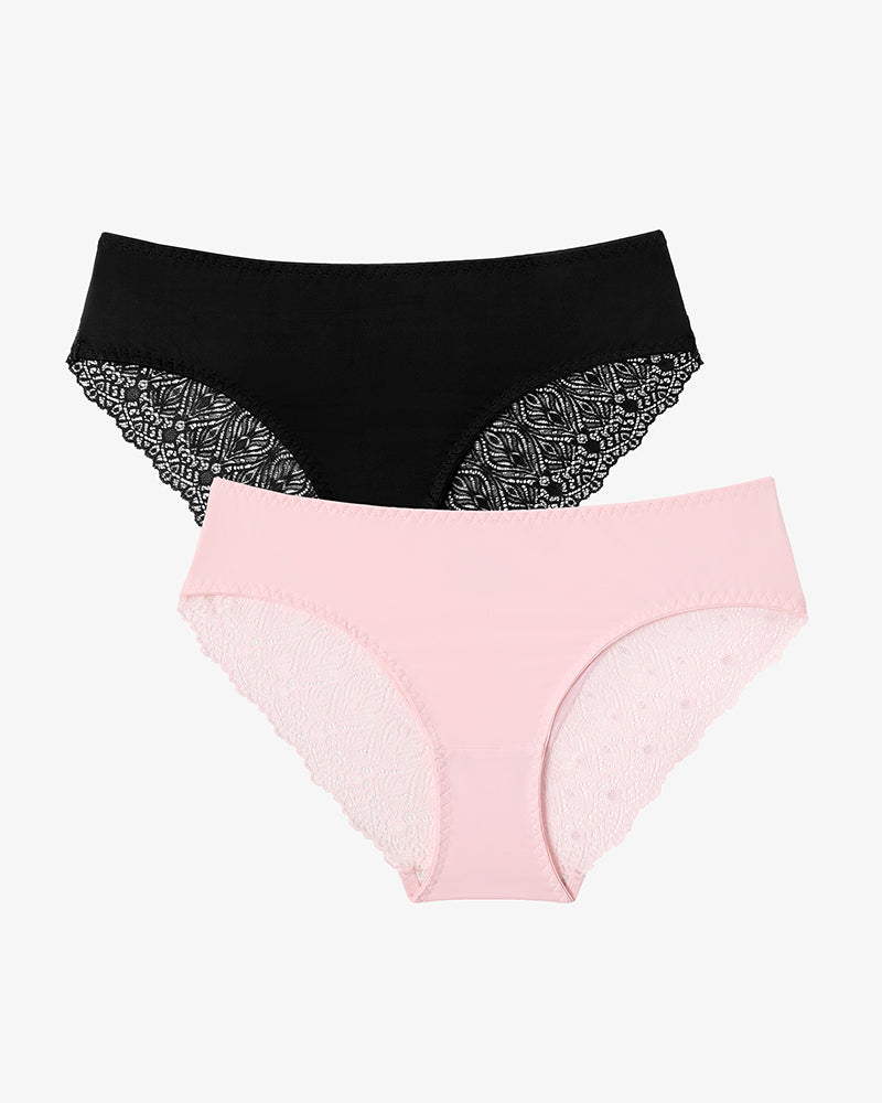 Black and Pink Lace Hipster Panties, No Show V-Waist Design. Sexy, comfortable lingerie.