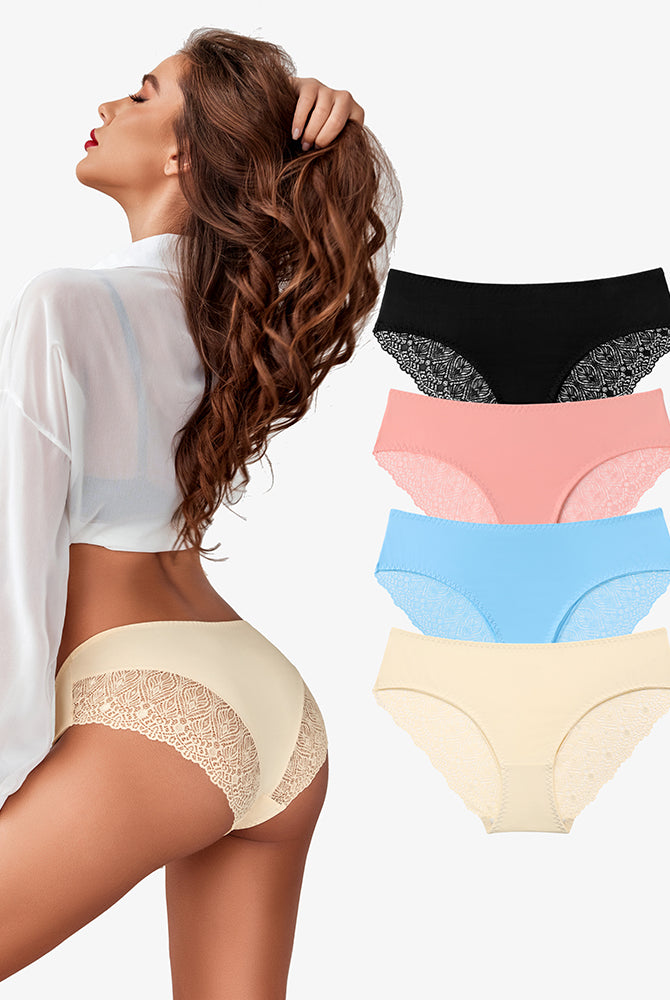 Lace Hipster Panties: Beige on model, with black, pink, light blue, and beige color options.