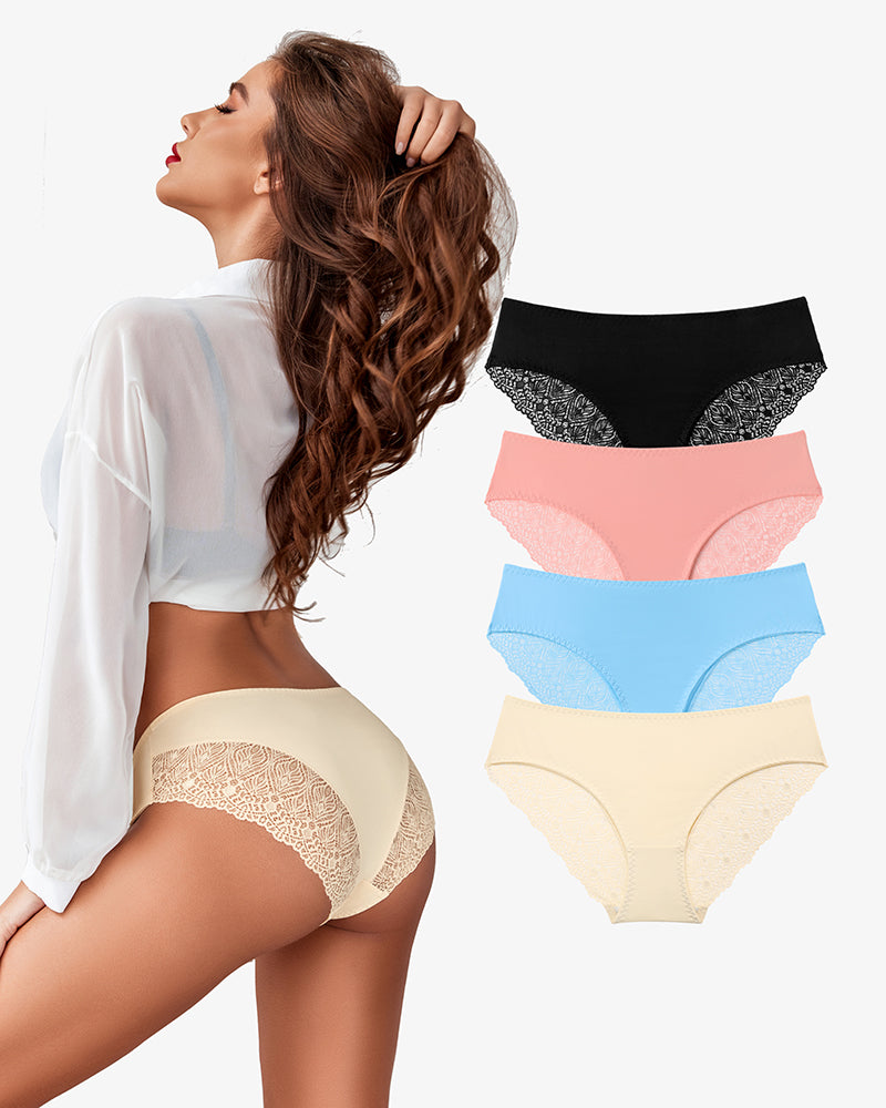 Lace Hipster Panties: Beige on model, with black, pink, light blue, and beige color options.
