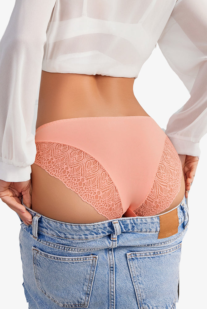 Peach lace hipster panties, no-show v-waist. Comfortable and sexy lingerie.