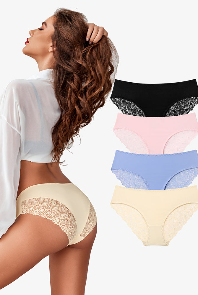 Lace Hipster Panties in Beige, Black, Pink, Light Blue and Beige, V-Waist No Show Panties