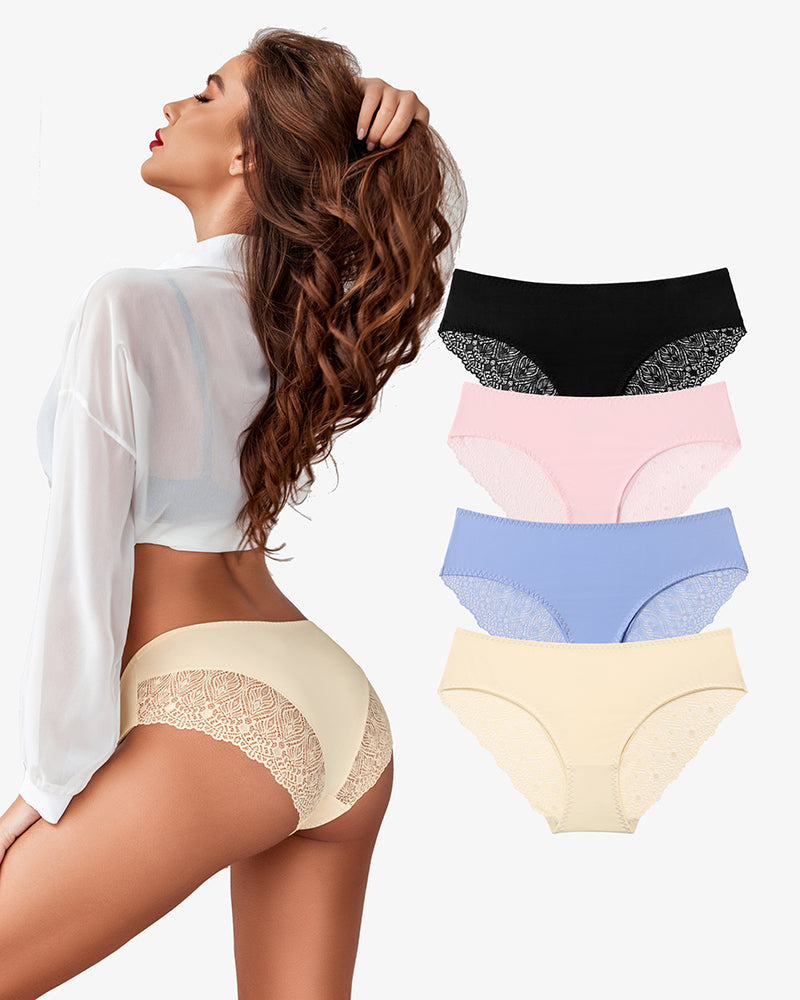 Lace Hipster Panties in Beige, Black, Pink, Light Blue and Beige, V-Waist No Show Panties