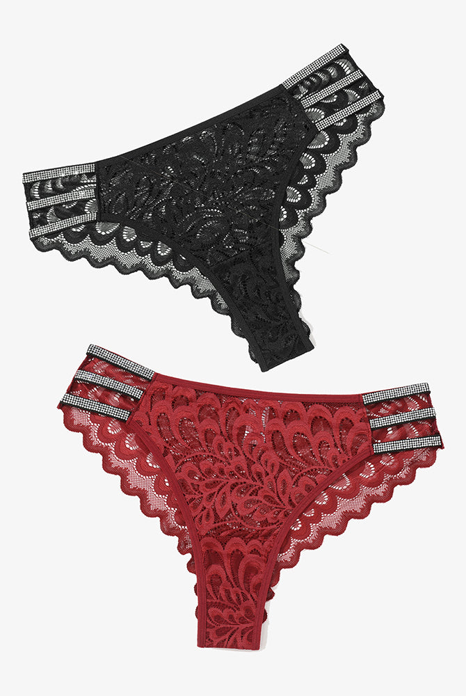 Black and red lace cheeky underwear with rhinestone straps and low-rise waistbands - Avidlove