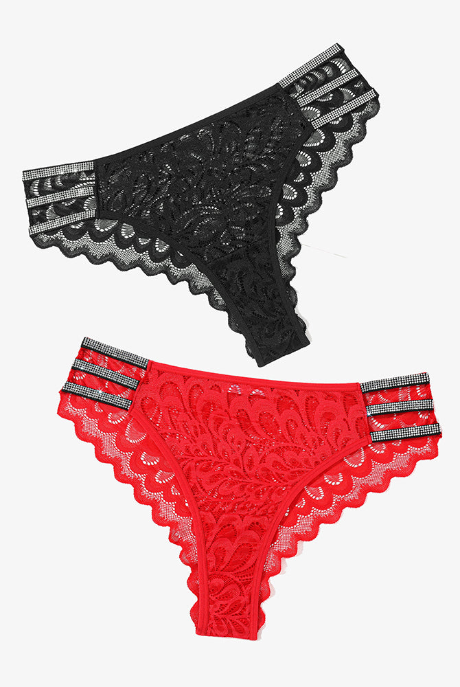Black and Red Lace Panty Cheeky Underwear with Rhinestone Straps. Sexy and Charming Lingerie.