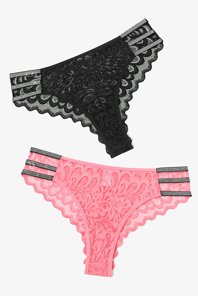 Black and pink lace cheeky panty with rhinestone straps and floral lace. Avidlove lingerie