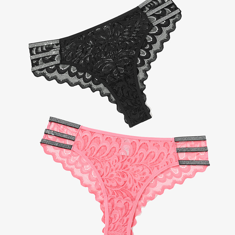 Black and pink lace cheeky panty with rhinestone straps and floral lace. Avidlove lingerie